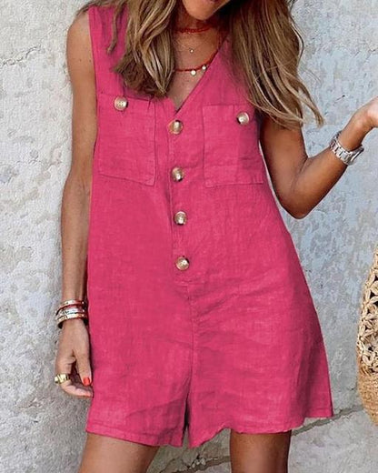 Women's Sleeveless Romper - V-Neck Button Down - Lightweight Linen Blend - Casual Fit