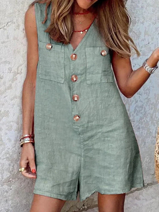Lightweight Linen Blend V-Neck Romper