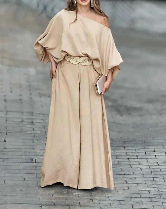 Lantern Sleeve Two-Piece Set with Skew Neck