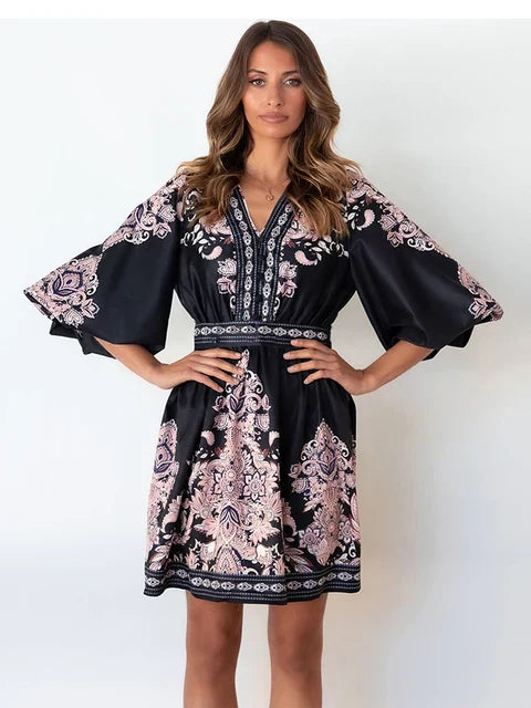 Elegant Floral Pattern A-Line Mini Dress