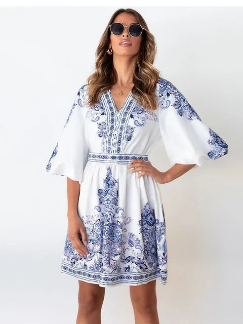 Women's A-Line Mini Dress - Fitted Waist - Balloon Sleeves - Elegant Floral Pattern