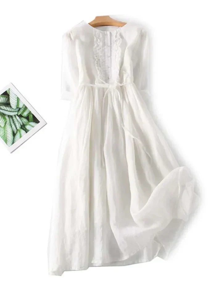 Natural Fiber A-Line Belted Midi Dress