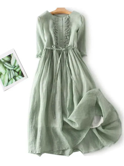 Women’s Midi Dress - Natural Fibers - A-Line Fit - Button Front - Belted Waist - Ruffle Detail