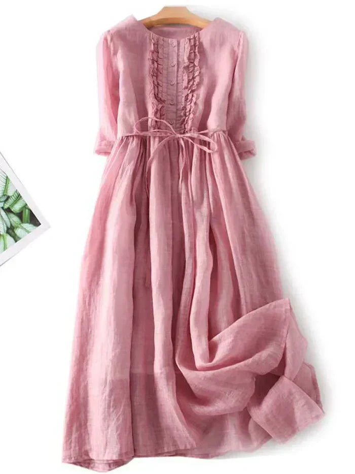 Natural Fiber A-Line Belted Midi Dress