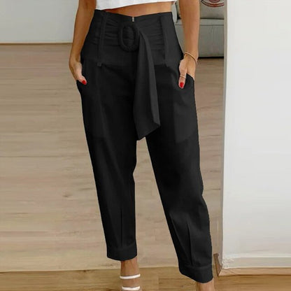 Women's High-Waisted Trousers - Tailored Fit - Pleated Design - Belted Waist
