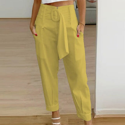 Women's High-Waisted Trousers - Tailored Fit - Pleated Design - Belted Waist