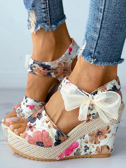 Women's Wedge Sandals - Floral Pattern - Bow Accent - Comfortable Support