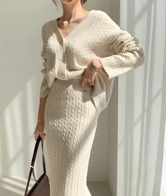 Slim Fit Knitted Cardigan and Skirt Set