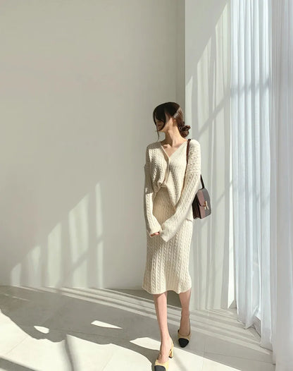 Women's slim fit knitted cardigan and skirt set