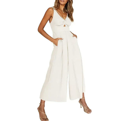 Women's Jumpsuit - V-Neck Sleeveless - Cut-Out Detail - Wide-Leg Flowy Fit