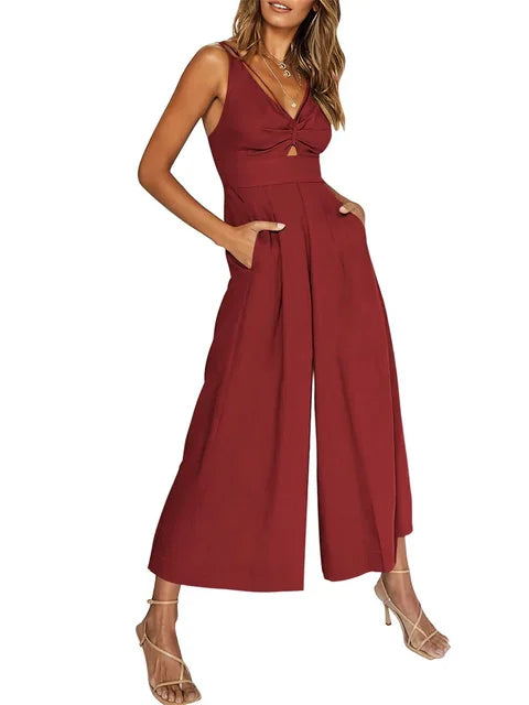 Women's Jumpsuit - V-Neck Sleeveless - Cut-Out Detail - Wide-Leg Flowy Fit