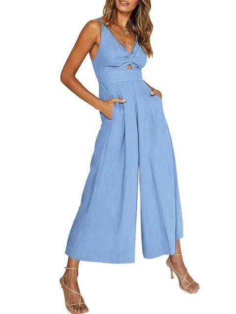Women's Jumpsuit - V-Neck Sleeveless - Cut-Out Detail - Wide-Leg Flowy Fit