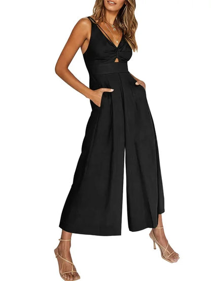 Women's Jumpsuit - V-Neck Sleeveless - Cut-Out Detail - Wide-Leg Flowy Fit