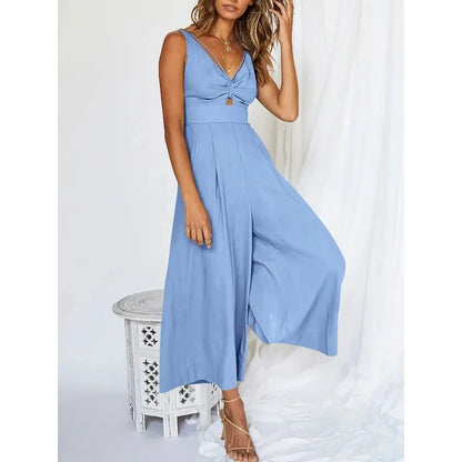 Women's Jumpsuit - V-Neck Sleeveless - Cut-Out Detail - Wide-Leg Flowy Fit