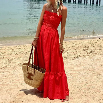 Women's Strapless Maxi Dress - Smocked Bust - Flowy Ruffled Hem - Elegant Casual Wear