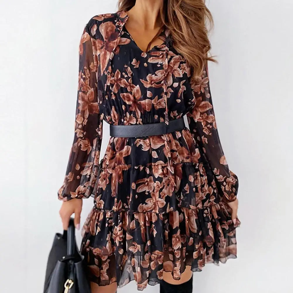 Women's Floral Mini Dress - Sheer Chiffon - Long Sleeve Fit and Flare - Ruffled Hem