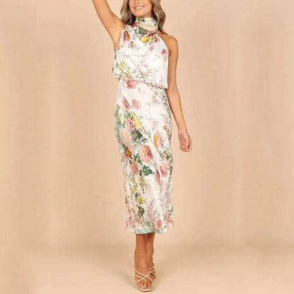 Women's Halter Neck Midi Dress - Sleeveless Flowing Fit - Elegant Floral Design
