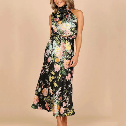 Women's Halter Neck Midi Dress - Sleeveless Flowing Fit - Elegant Floral Design