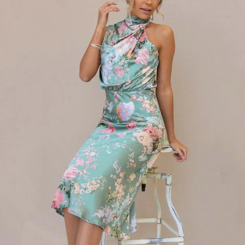 Women's Halter Neck Midi Dress - Sleeveless Flowing Fit - Elegant Floral Design