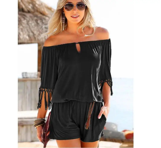Fringe Sleeve Relaxed Fit Off-Shoulder Romper