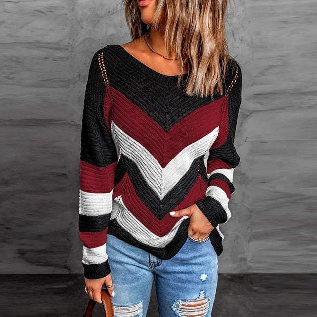 Women's  v-neck color block knit sweater