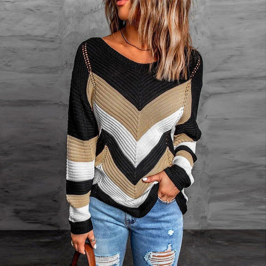 Color Block Knit V-Neck Sweater
