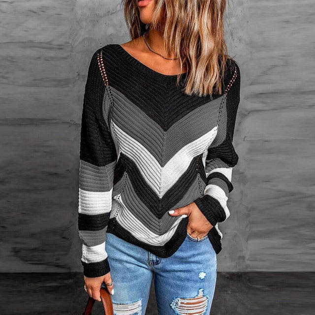 Color Block Knit V-Neck Sweater