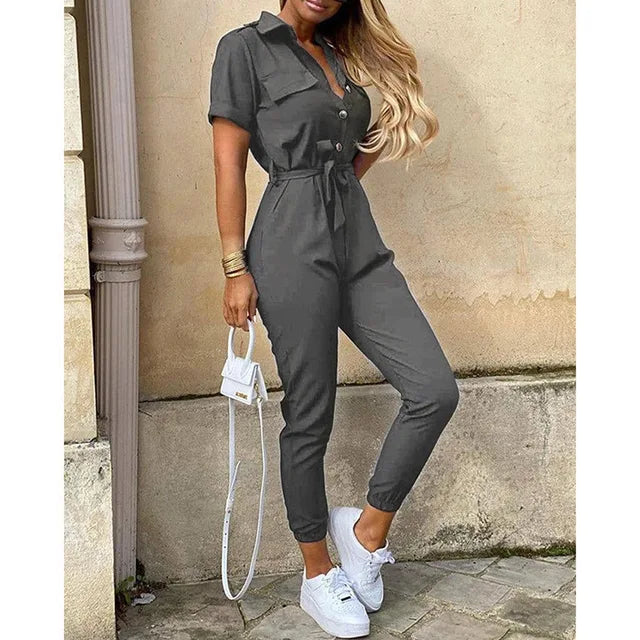 Women's Utility Jumpsuit - Short Sleeve Button Front - Cinched Waist - Ankle Length