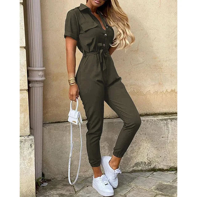 Women's Utility Jumpsuit - Short Sleeve Button Front - Cinched Waist - Ankle Length