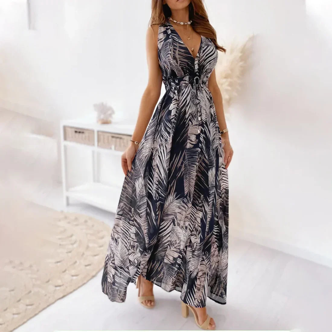 Women's Summer Sleeveless V-Neck Elastic Waist Dress