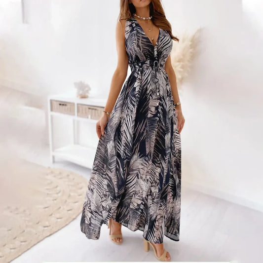 Sleeveless Elastic Waist V-Neck Summer Dress