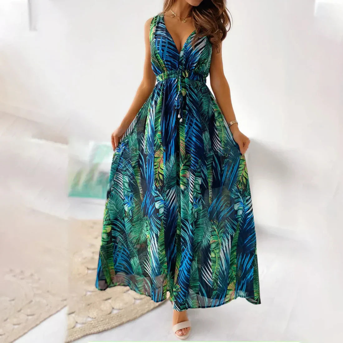 Women's Summer Sleeveless V-Neck Elastic Waist Dress