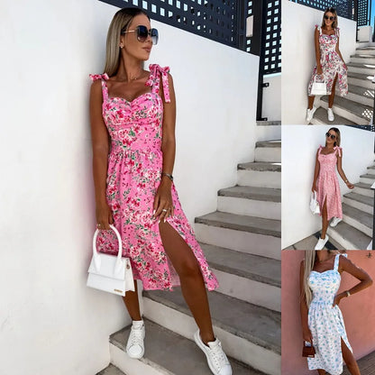 Women's Sundress - Sleeveless A-Line Midi - Sweetheart Neckline - Floral Print