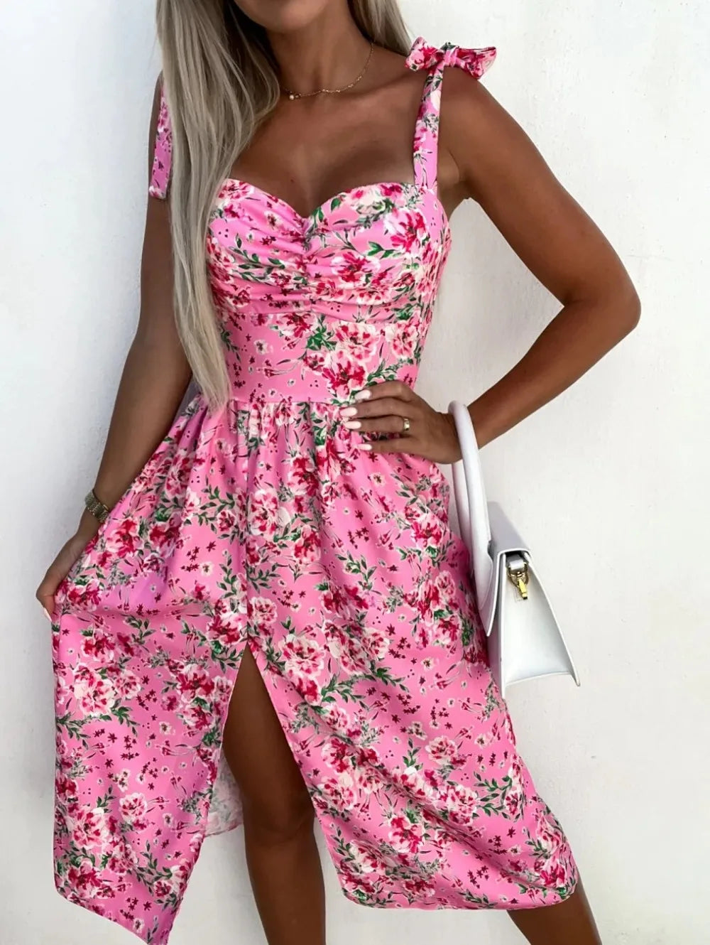 Women's Sundress - Sleeveless A-Line Midi - Sweetheart Neckline - Floral Print