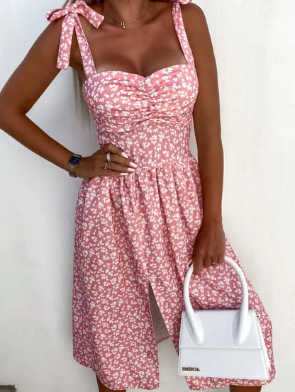 Women's Sundress - Sleeveless A-Line Midi - Sweetheart Neckline - Floral Print