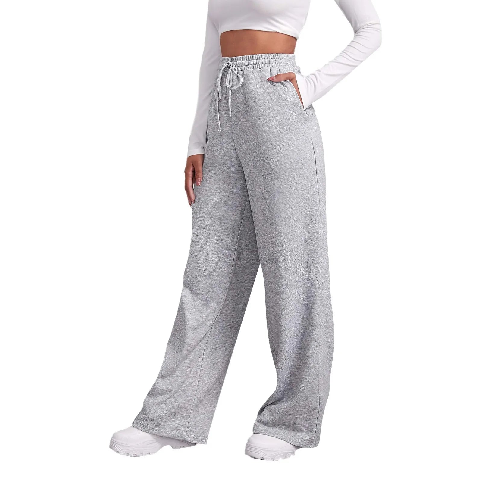 Elastic High Waist Wide-Leg Sweatpants With Pockets