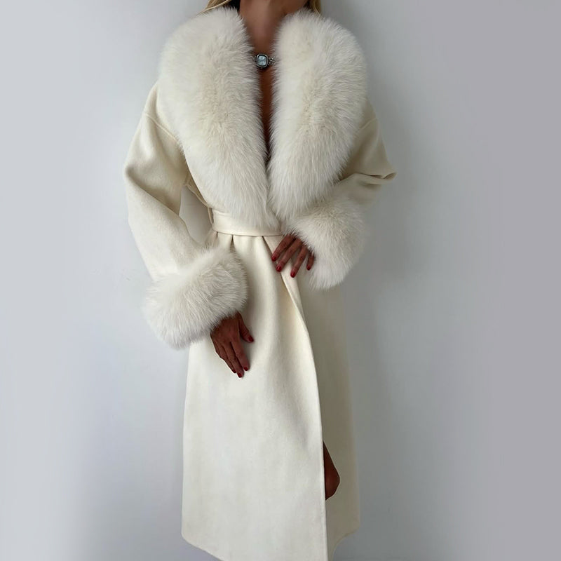 Isla Straight Fit Coat | Belted Fur Trim Long Sleeve Coat