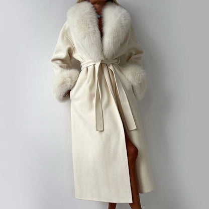 Isla Straight Fit Coat | Belted Fur Trim Long Sleeve Coat