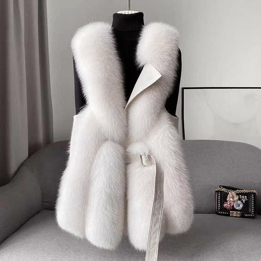 Isabella Belted Furry Collared Vest | Fur Trim Sleeveless Vest