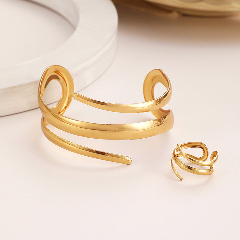 Olivia Sculpted Open Ended Cuff Bracelet And Wrap Ring Two-Piece Set | Solid Design Jewelry