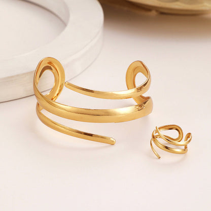 Olivia Sculpted Open Ended Cuff Bracelet And Wrap Ring Two-Piece Set | Solid Design Jewelry