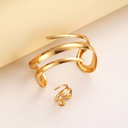 Olivia Sculpted Open Ended Cuff Bracelet And Wrap Ring Two-Piece Set | Solid Design Jewelry