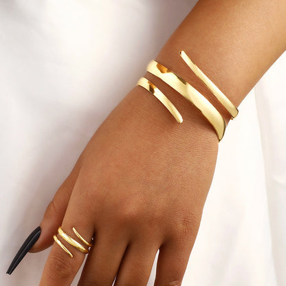 Olivia Sculpted Open Ended Cuff Bracelet And Wrap Ring Two-Piece Set | Solid Design Jewelry