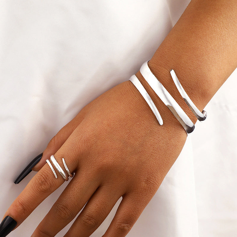 Olivia Sculpted Open Ended Cuff Bracelet And Wrap Ring Two-Piece Set | Solid Design Jewelry