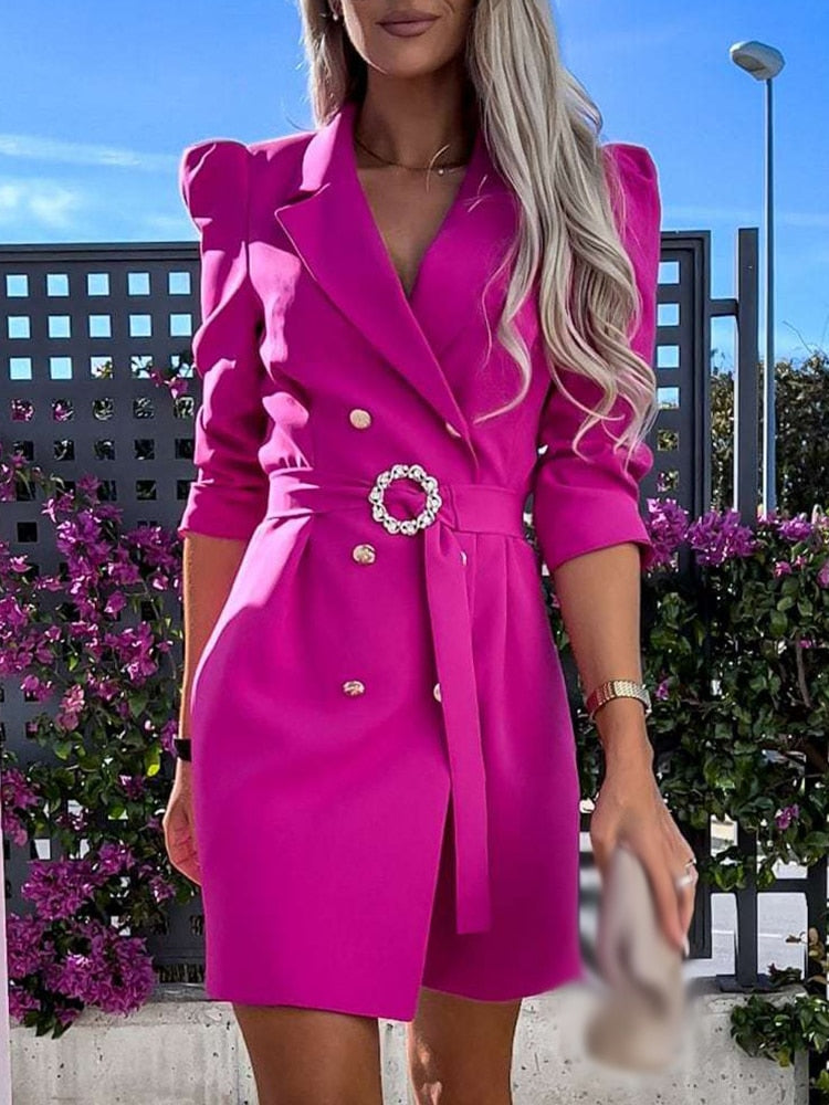 Women’s Blazer Mini Dress – Tailored Fit – Double Breasted – Belted Waist – Formal Wear
