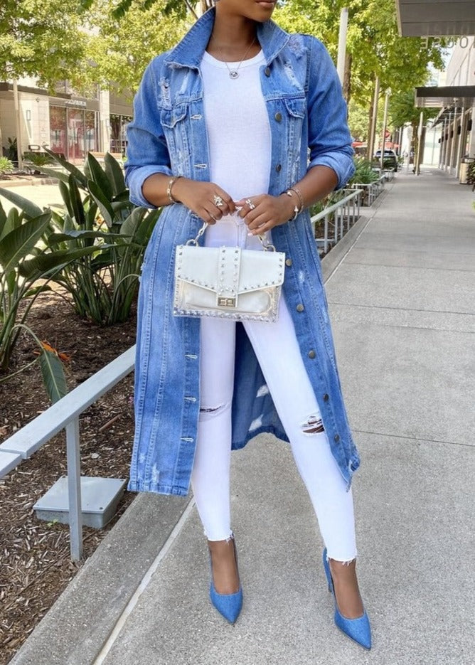 Women’s Button-Down Jacket – Oversized Fit – Denim Texture – Mid-Thigh Casual Layer