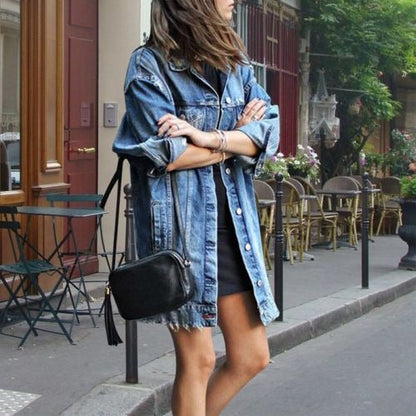 Women’s Button-Down Jacket – Oversized Fit – Denim Texture – Mid-Thigh Casual Layer