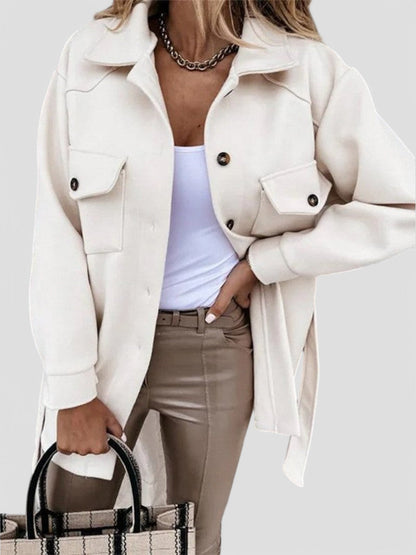 Women’s Jacket – Relaxed Fit – Button-Up Front – Collared – Chest Flap Pockets – Hip Length