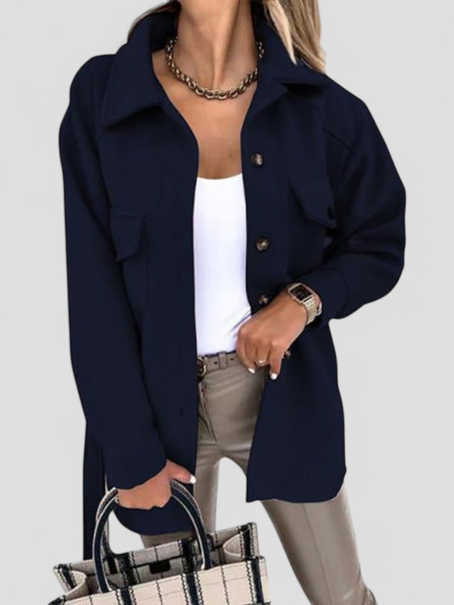 Women’s Jacket – Relaxed Fit – Button-Up Front – Collared – Chest Flap Pockets – Hip Length