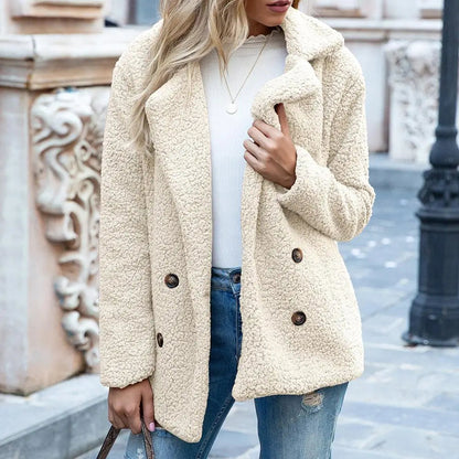 Women’s Teddy Coat – Oversized Fit – Plush Fleece – Double-Breasted Hip Length Style